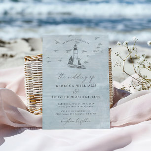 Blue Lighthouse & Seagulls Nautical Beach Wedding Invitation