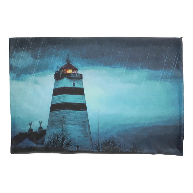 Blue lighthouse tower at night in pouring rain pillowcase (Front)