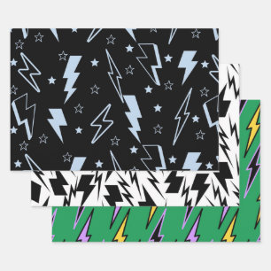 Blue Lightning Black Background Y2K Pattern Wrapping Paper Sheet