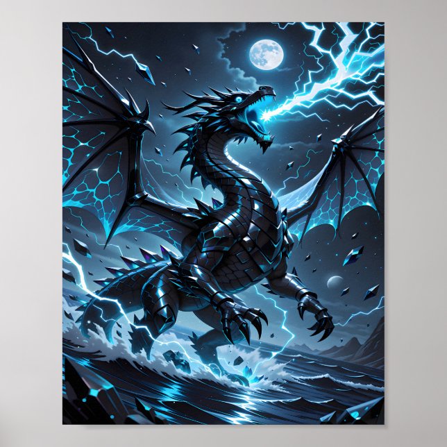 Blue Lightning Black Dragon Storm Fantasy Poster (Front)