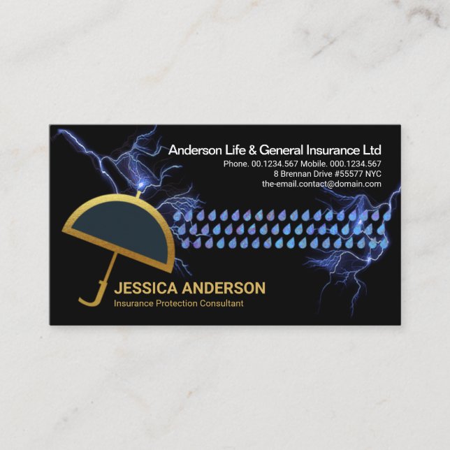 Blue Lightning Rain Gold Umbrella Shelter Safety Business Card (Front)