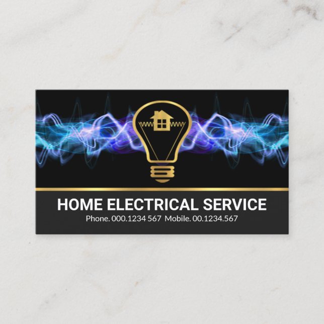 Blue Lightning Strike Gold Bulb Home Electrician Business Card (Front)