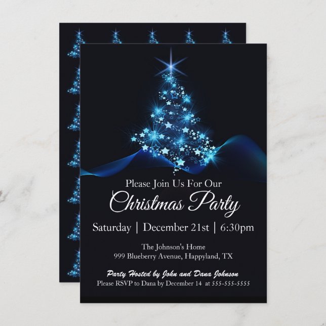 Blue Lights Christmas Tree Holiday Party Invitation (Front/Back)