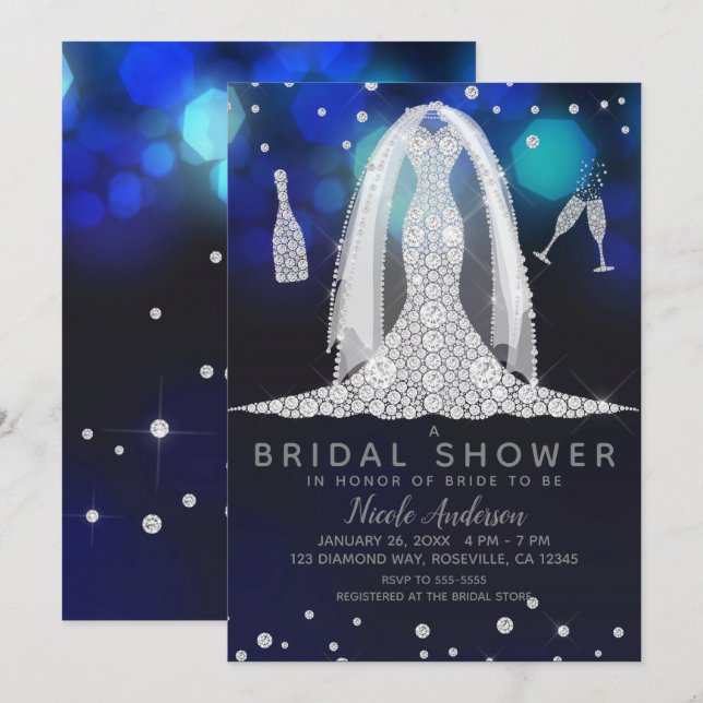 Blue Lights Diamond Wedding Dress Bridal Shower Invitation (Front/Back)