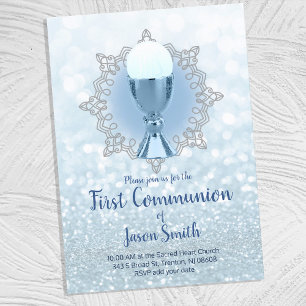 blue lights first communion chalice host invitation