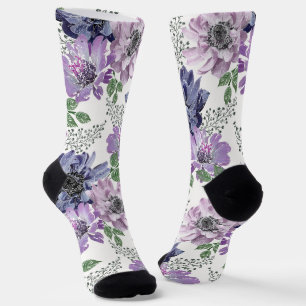 Blue, lilac flowers on a white background. socks