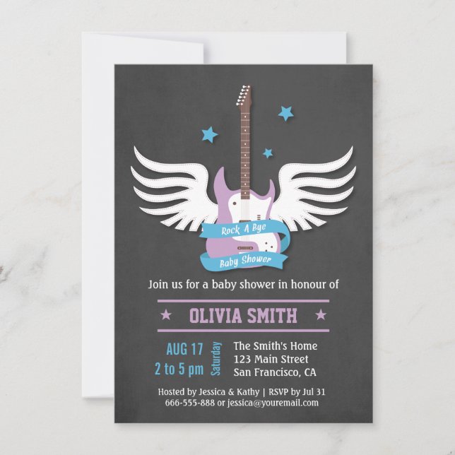 Blue Lilac Guitar Rock a Bye Baby Shower Invitation (Front)