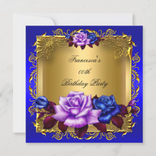 Blue Lilac Roses Gold Elegant Birthday Party Invitation