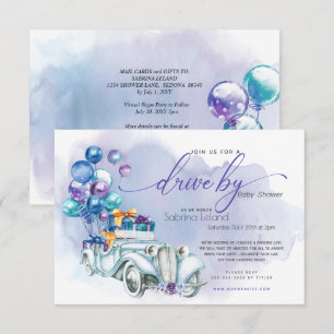 Blue Lilac Vintage Car Drive-By Baby Shower Invitation