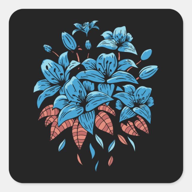 BLUE LILIES FLOWER DESIGN SQUARE STICKER (Front)