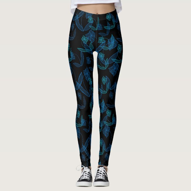 Blue lilies on Black Leggings (Front)