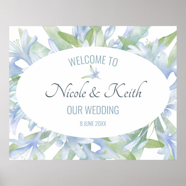 Blue Lilies Watercolor Wedding Poster (Front)