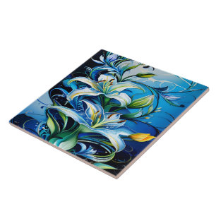 Blue Lily Floral Design With Swirling Patterns Tile