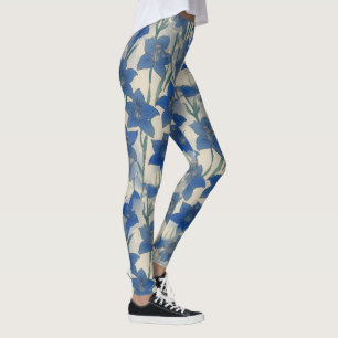 Blue lily flower pattern leggings