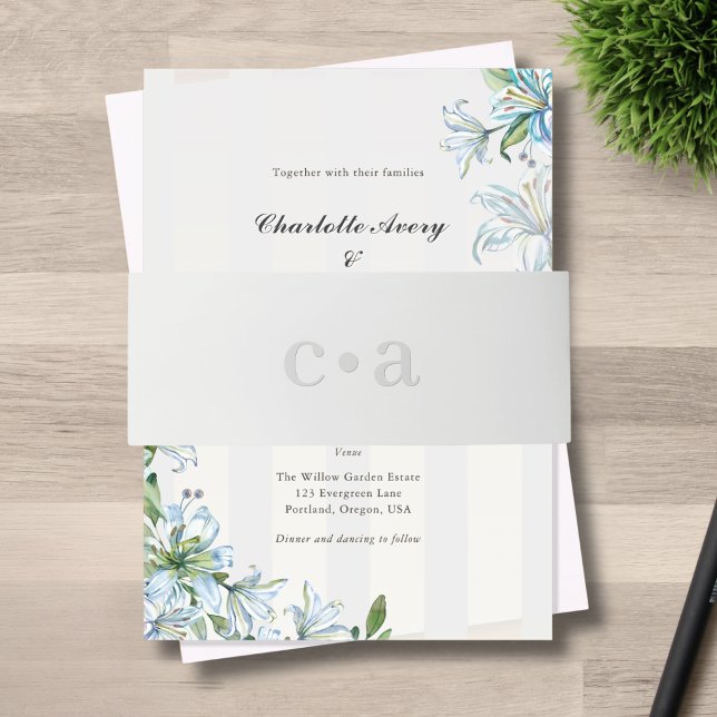 Blue Lily Monogram Grey Wedding Invitation Belly Band (Creator Uploaded)