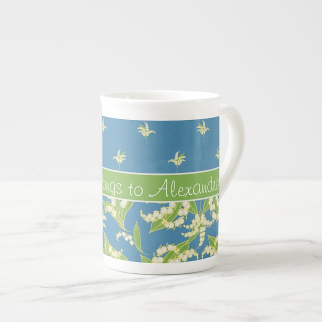 Blue Lily-of-the-Valley Floral Bone China Mug (Front Right)