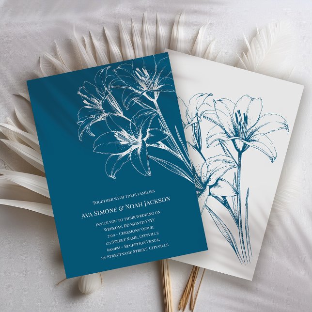 Blue Lily Outline Blue Wedding Invitation (Creator Uploaded)