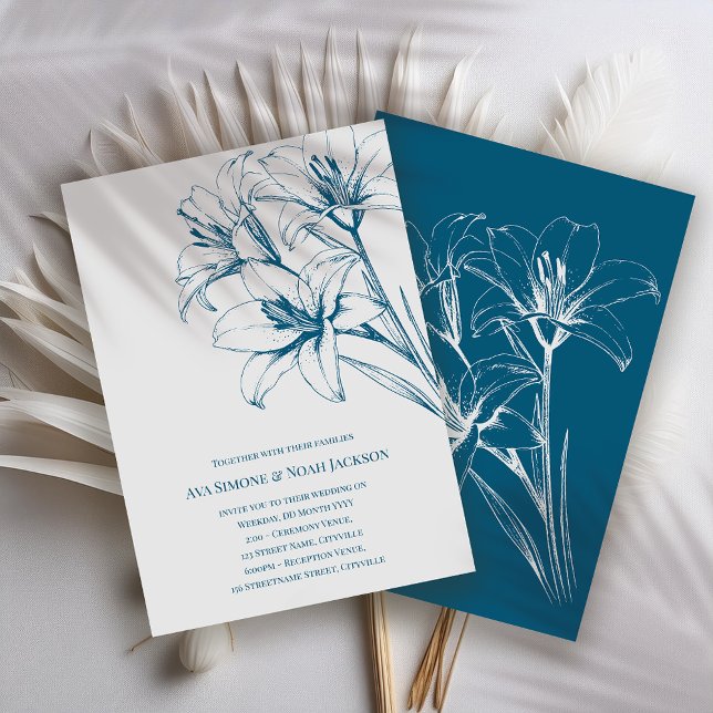 Blue Lily Outline Wedding Invitation (Creator Uploaded)