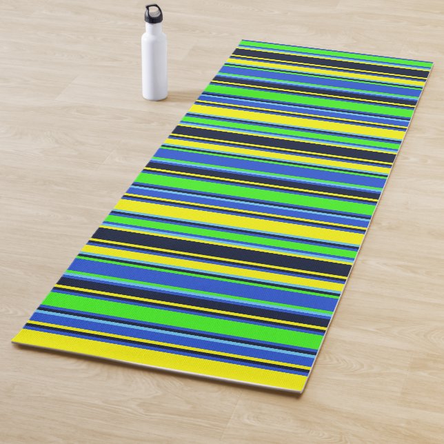 Blue, Lime, and Yellow Striped Yoga Mat (In Situ)