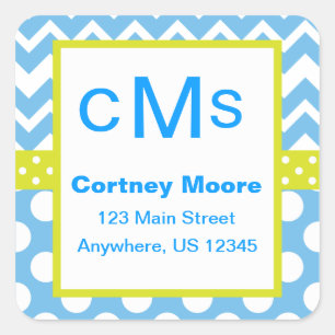 Blue & Lime Chevron Polka Dot Monogram Stickers