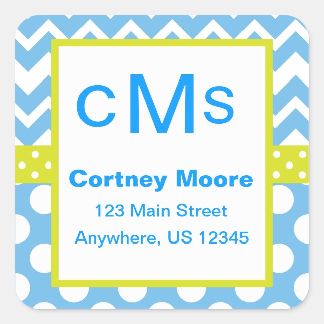 Blue & Lime Chevron Polka Dot Monogram Stickers (Front)