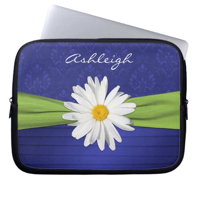Blue Lime Daisy Damask Pleats Laptop Sleeve (Front)