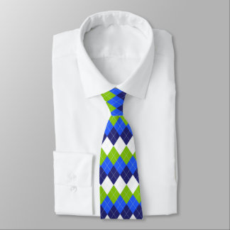 Blue, Lime Green and White Argyle Tie