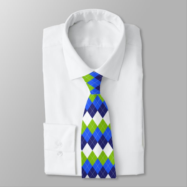 Blue, Lime Green and White Argyle Tie (Tied)
