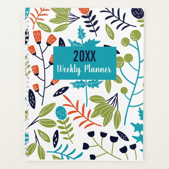 Blue Lime Green & Orange Colourful Floral Pattern Planner (Front)