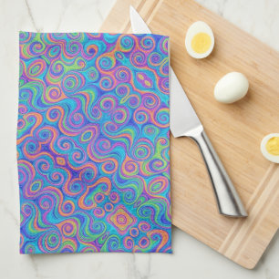 Blue, Lime Green, Purple, Orange Swirl Pattern Tea Towel