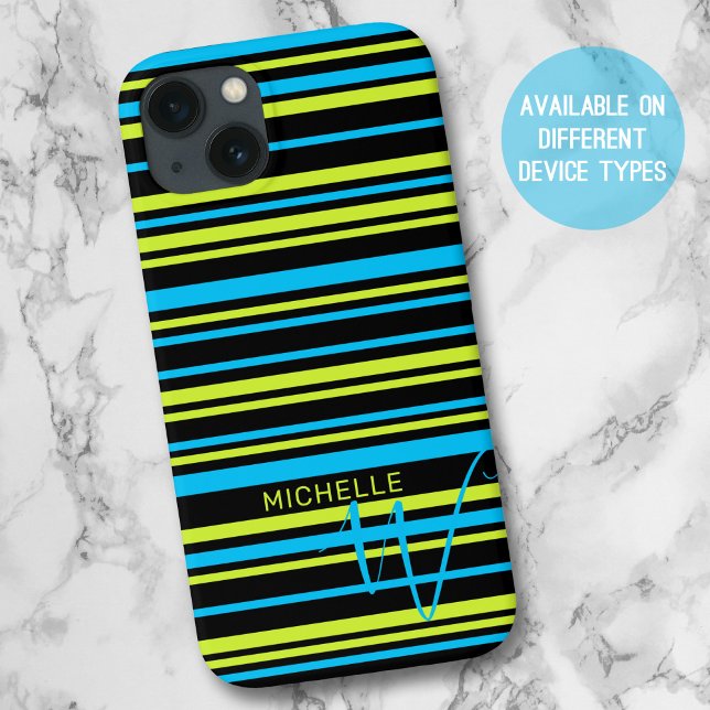 Blue Lime Green Simple Stripes Pattern Monogram Case-Mate iPhone Case (Creator Uploaded)
