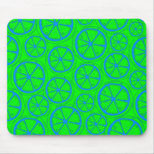 Blue Lime Lemon Pattern with Neon Green Background Mouse Mat