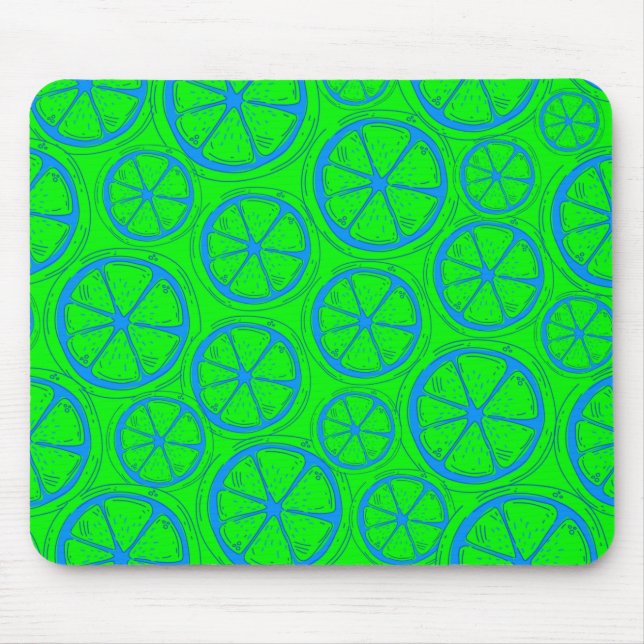 Blue Lime Lemon Pattern with Neon Green Background Mouse Mat (Front)