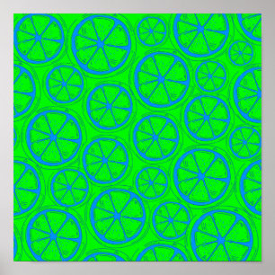 Blue Lime Lemon Pattern with Neon Green Background Poster