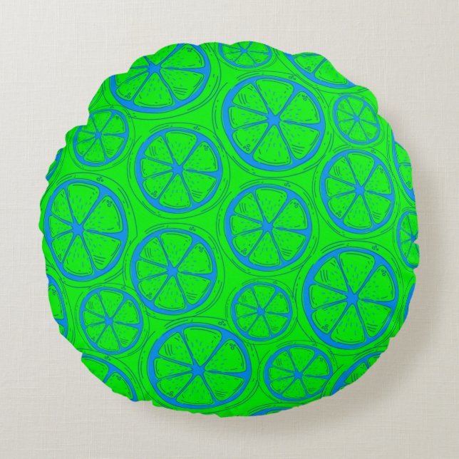 Blue Lime Lemon Pattern with Neon Green Background Round Cushion (Front)