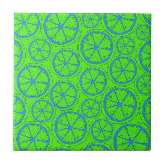 Blue Lime Lemon Pattern with Neon Green Background Tile (Front)
