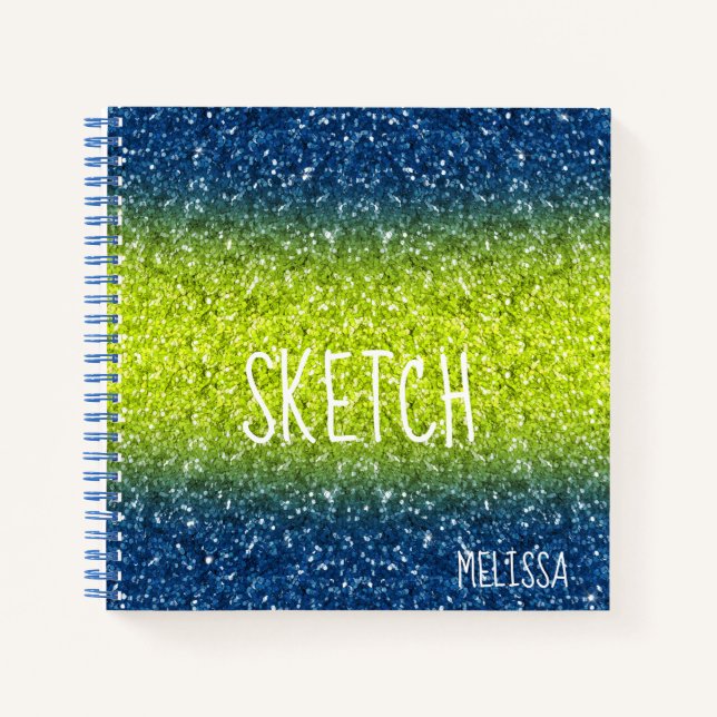 Blue Lime Ombre Glitter Monogram Sketchbook Notebo Notebook (Front)