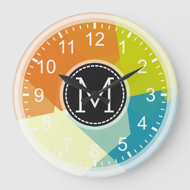 Blue Lime Orange Mosaic Modern Monogram Large Clock (Front)
