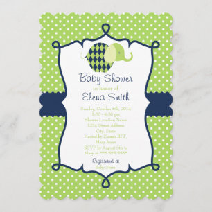 Blue & Lime Polka Dot Elephant Baby Shower Invitation