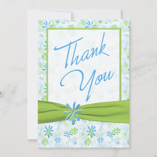 Blue, Lime, White with Lime Faux Ribbon Thank You Card (Front)