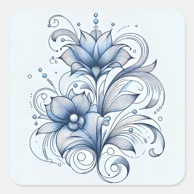 Blue Line Art Abstract Flower Decoration for Desig Square Sticker (Front)