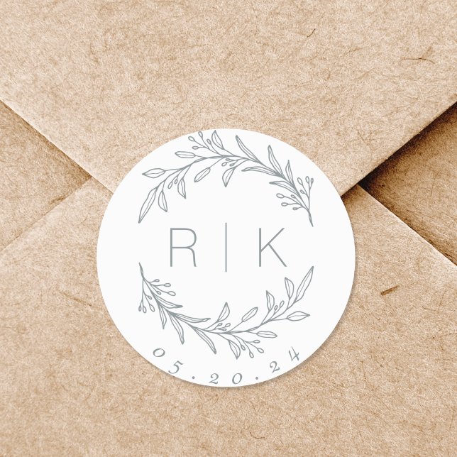 Blue Line Art Botanical Wreath Wedding Monogram Classic Round Sticker (Creator Uploaded)
