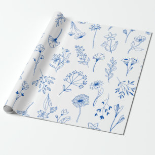 Blue Line Art Mixed Garden Sketch Flowers Wrapping Paper