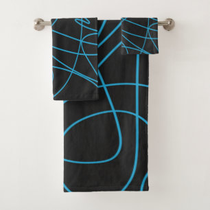 Blue Line Art on Black Bath Towel Set
