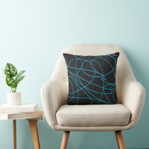 Blue Line Art on Black  Cushion