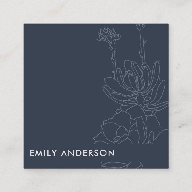 BLUE LINE DRAWING DESERT CACTI SUCCULENT FOLIAGE SQUARE BUSINESS CARD (Front)
