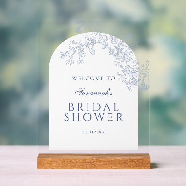 Blue Line Drawn Floral Bridal Shower Welcome Acrylic Sign (Neutral)