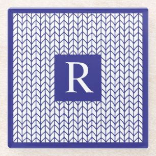 BLUE LINE KNIT Glass Beverage Coaster + Initial II