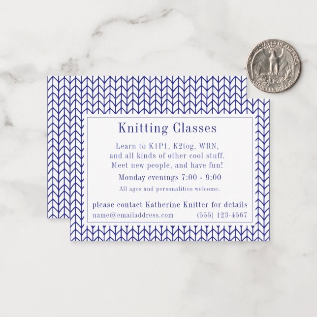 BLUE LINE KNIT "Knitting Classes" Business Card  (Front/Back In Situ)