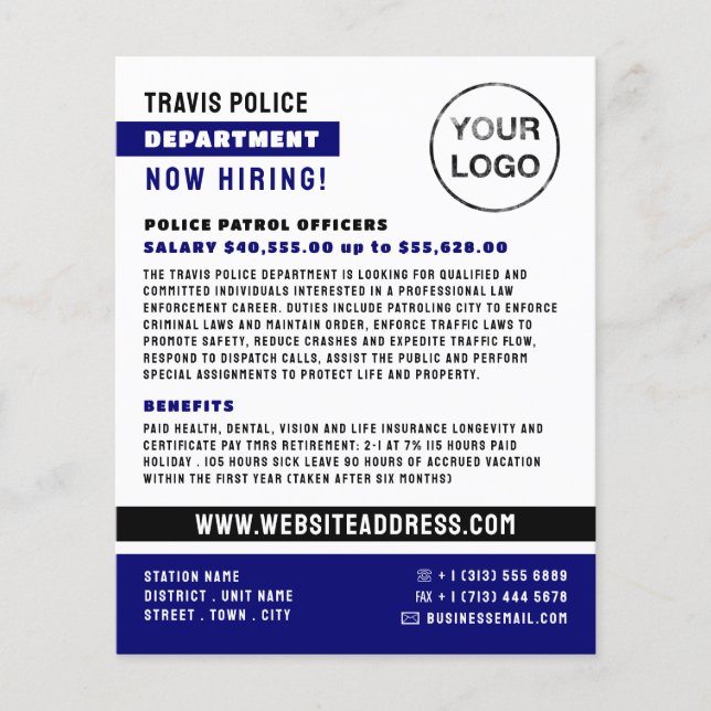 Blue Line & Logo, Police Officer, Law Recruitment Flyer (Front)